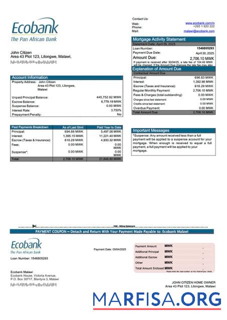 Realistic Malawi Ecobank Malawi mortgage statement Word and PDF template